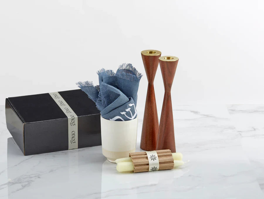 Shabbat Essentials Set with Blue challah cover and Walnut candleholders by Oneg