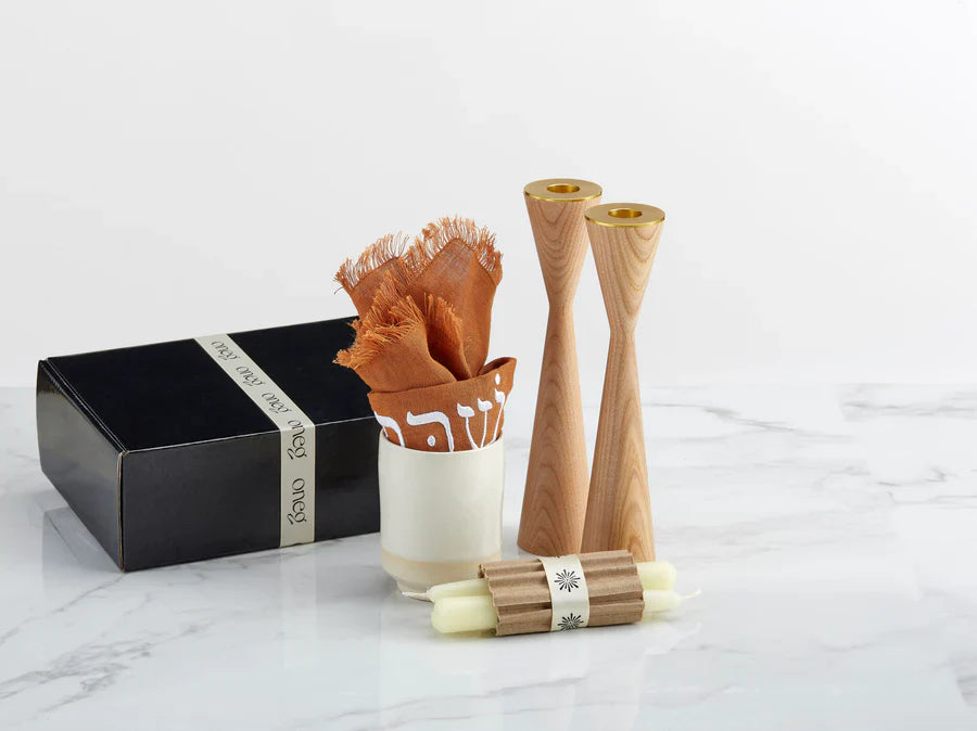 Shabbat Essentials Set with Cinnamon challah cover and Ash candleholders by Oneg