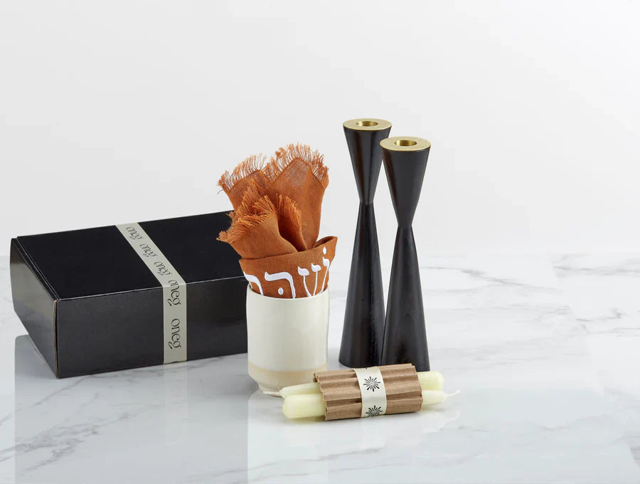 Shabbat Essentials Set with Cinnamon challah cover and Black candleholders by Oneg
