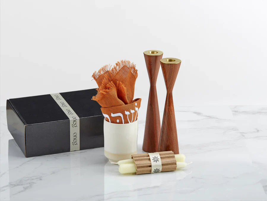 Shabbat Essentials Set with Cinnamon challah cover and Walnut candleholders by Oneg