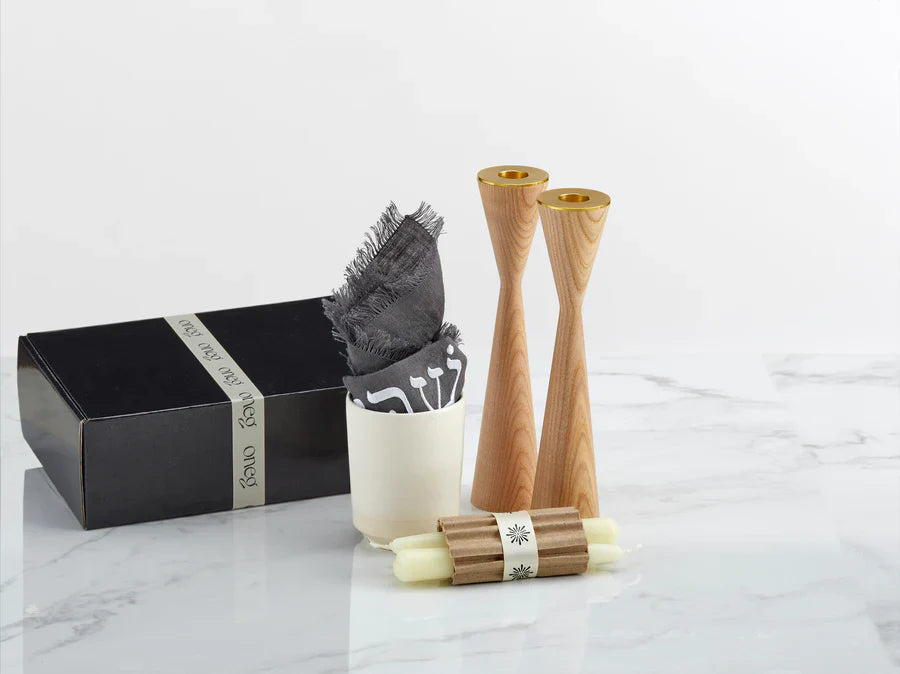 Shabbat Essentials Set with Gray challah cover and Ash candleholders by Oneg