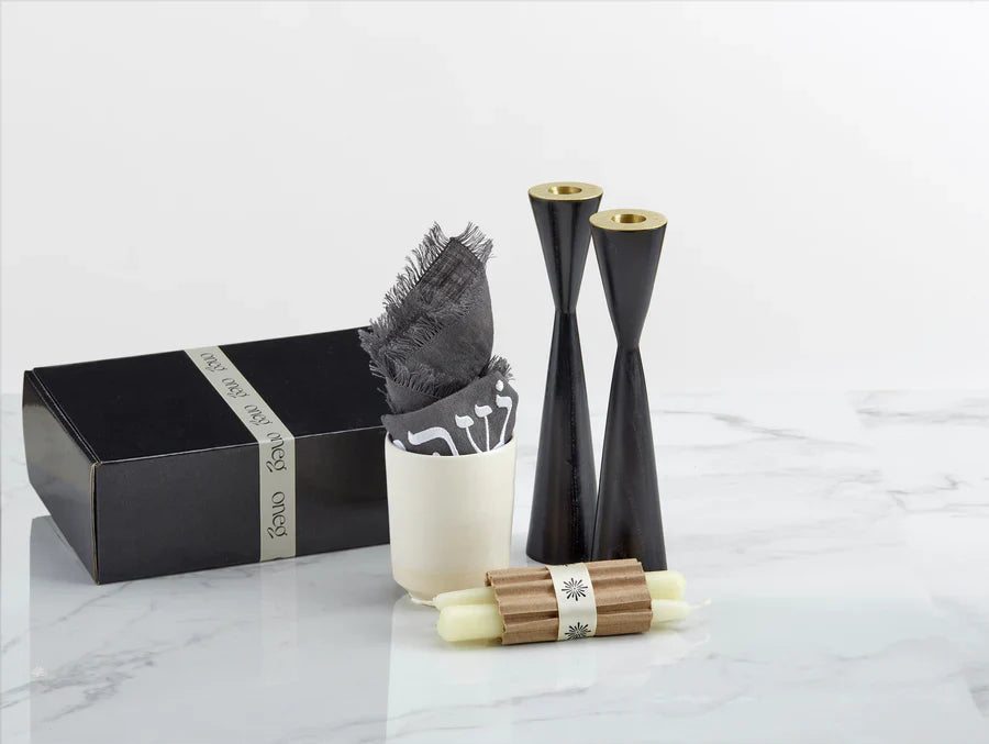 Shabbat Essentials Set with Gray challah cover and Black candleholders by Oneg
