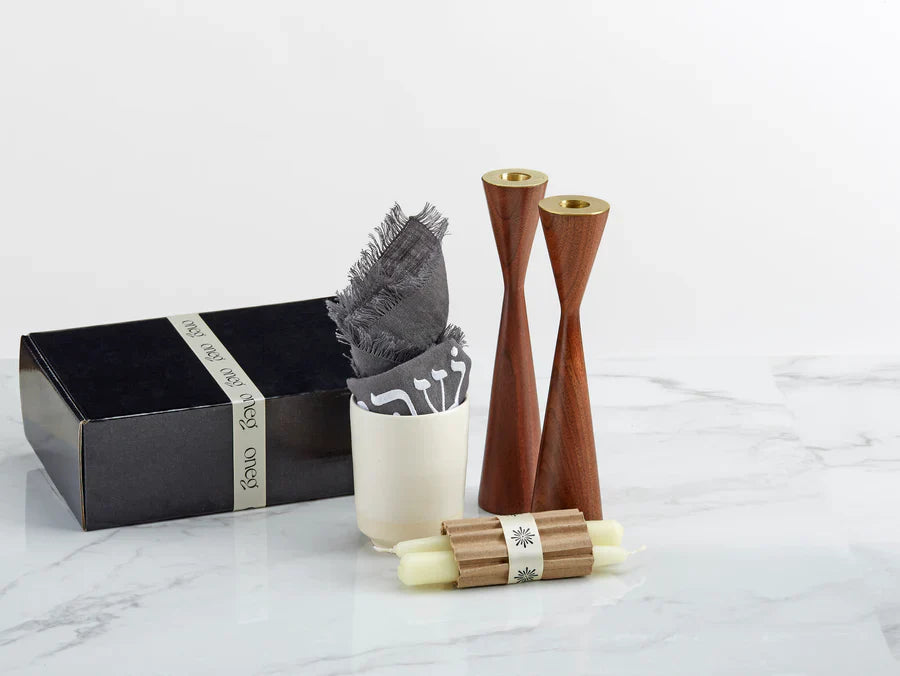 Shabbat Essentials Set with Gray challah cover and Walnut candleholders by Oneg