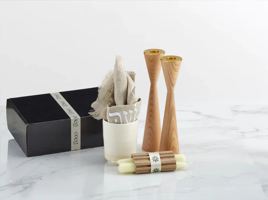 Shabbat Essentials Set with Natural challah cover and Ash candleholders by Oneg