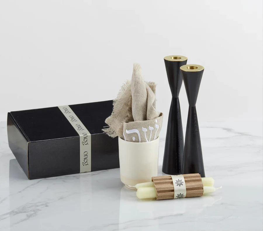 Shabbat Essentials Set with Natural challah cover and Black candleholders by Oneg