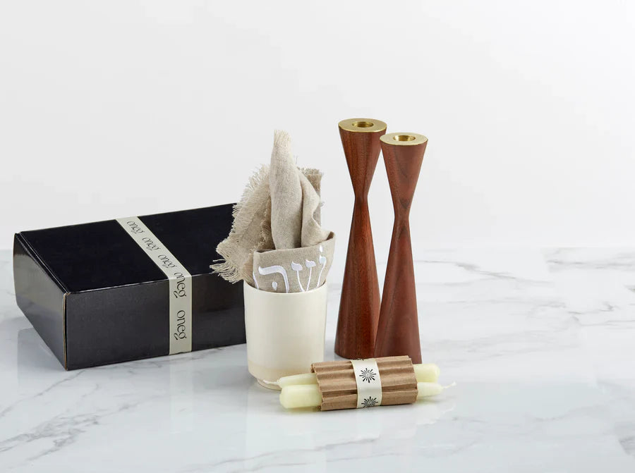 Shabbat Essentials Set with Natural challah cover and Walnut candleholders by Oneg