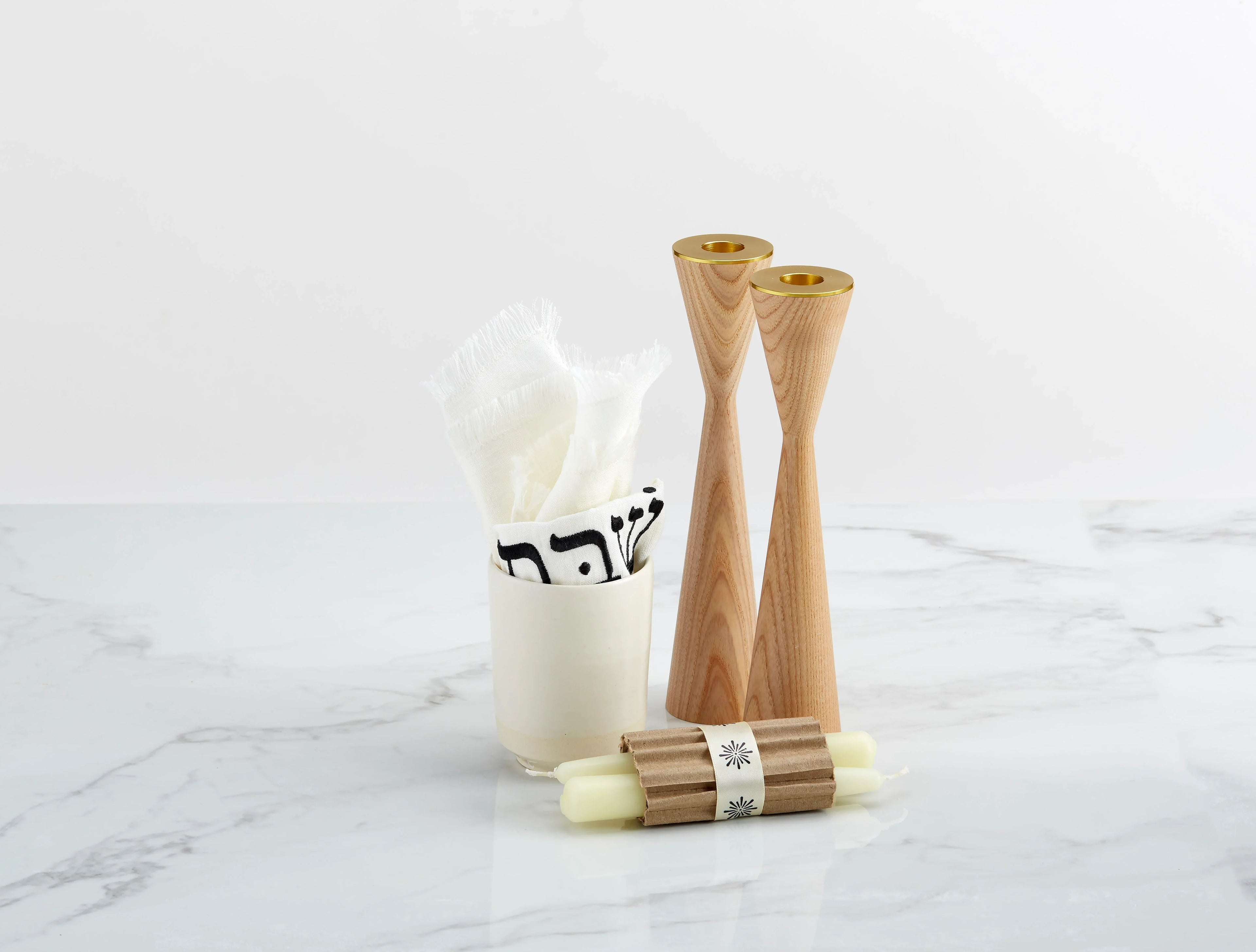 Shabbat Essentials Set with white challah cover, Kiddush cup and ash candleholders by Oneg