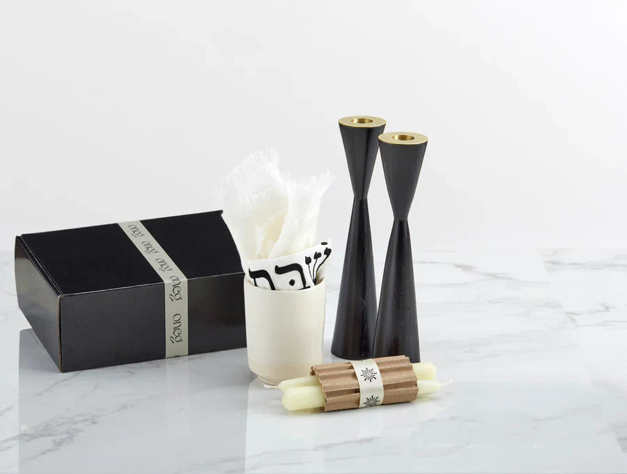 Shabbat Essentials Set with White challah cover and black candleholders by Oneg