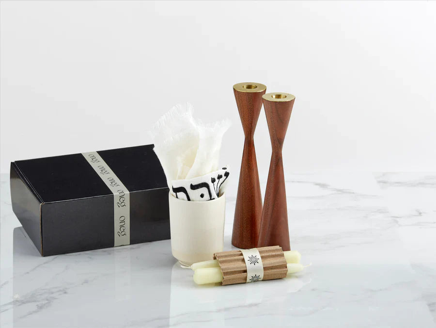 Shabbat Essentials Set with white challah cover and Walnut candleholders by Oneg