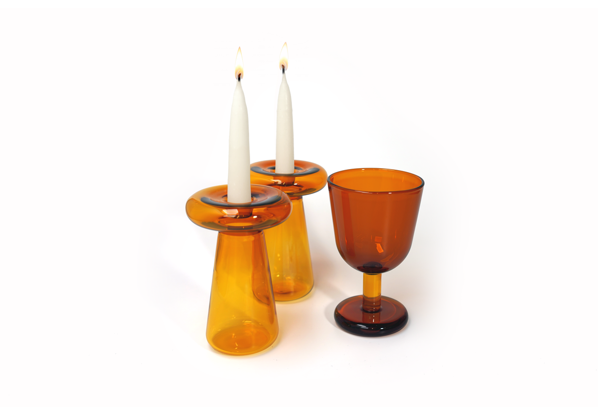 Shabbat Set in Amber and Yellow with two glass candlesticks and coordinating Kiddush glass by Tchotchke