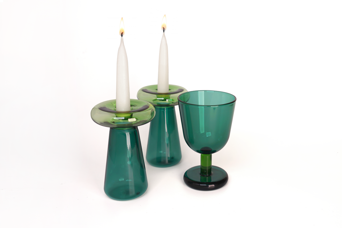 Shabbat Set in Emerald and Grass with two glass candlesticks and coordinating Kiddush glass by Tchotchke
