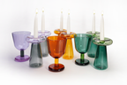 Colorful glass Shabbat sets with candlesticks and Kiddush glasses by Tchotchke