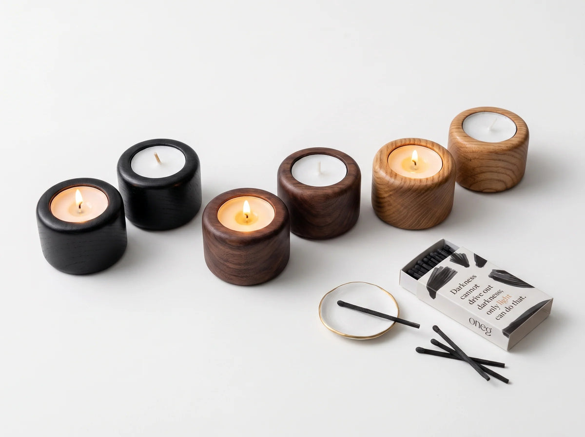Shabbat tealight candleholders in Black, Walnut and Ash wood with matches by Oneg