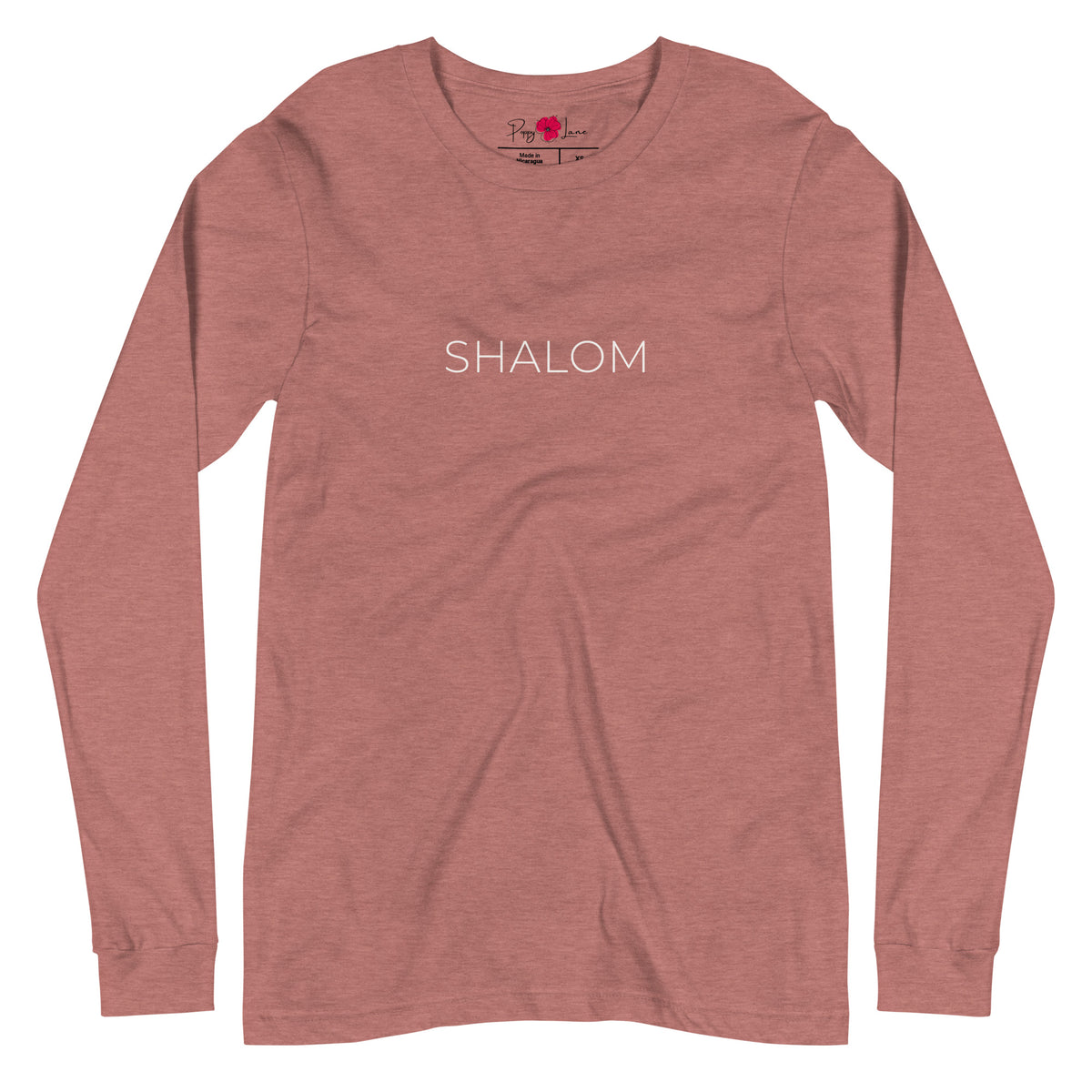 Front view of Heather Mauve Shalom Minimalist Long Sleeve T-Shirt with understated SHALOM lettering in English across the chest, by Poppy Lane