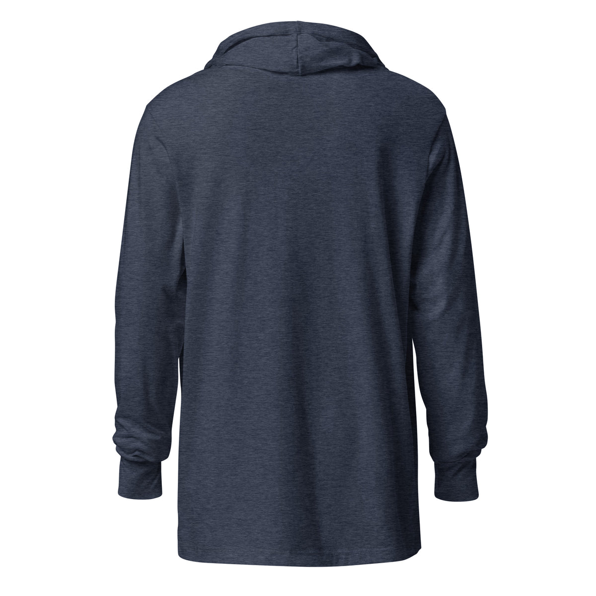 Back view of Heather Navy Shalom Motherfucker Lightweight Hooded Tee by Eitan Chitayat, a soft hooded long-sleeve shirt