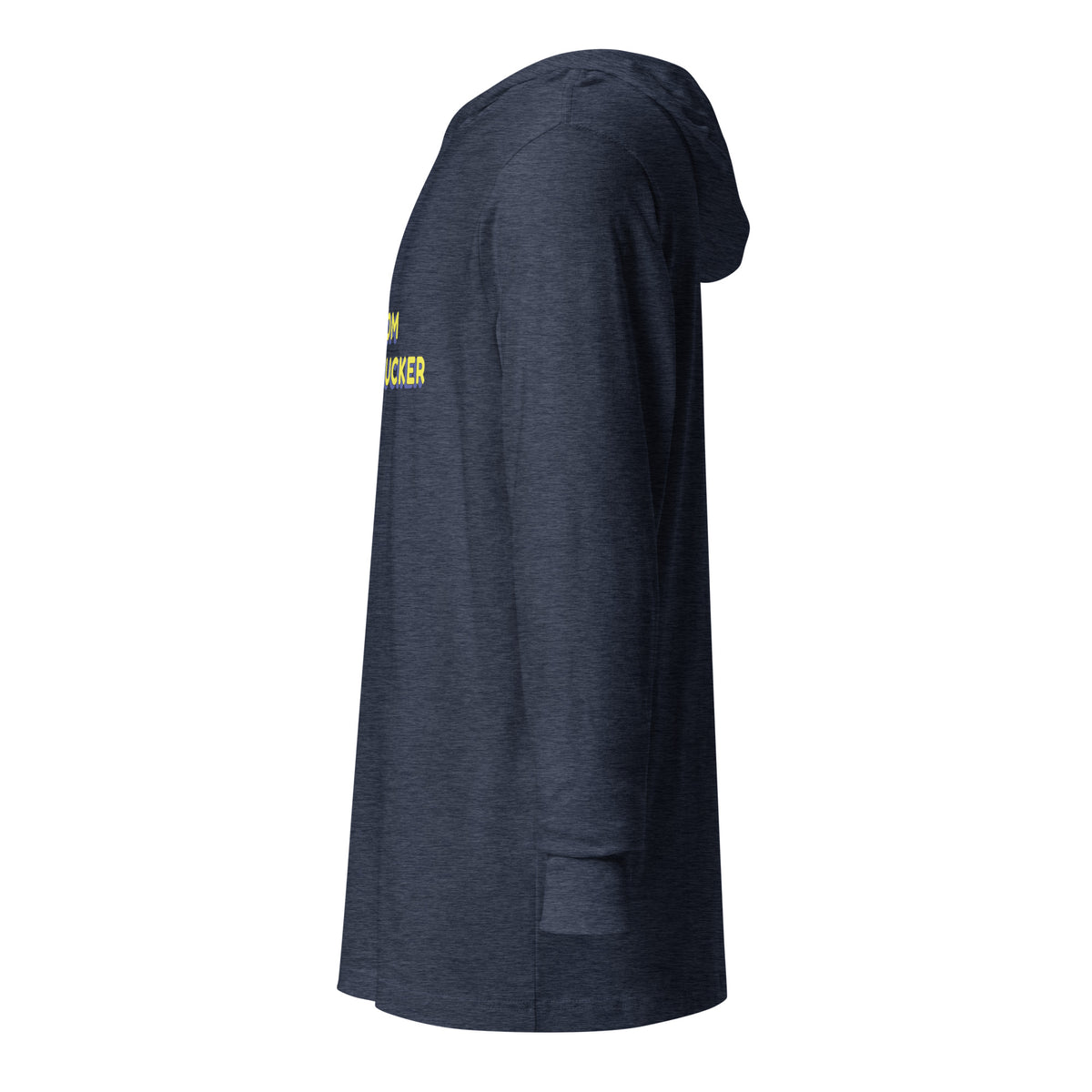Left-side view of Heather Navy Shalom Motherfucker Lightweight Hooded Tee by Eitan Chitayat, a soft hooded long-sleeve shirt