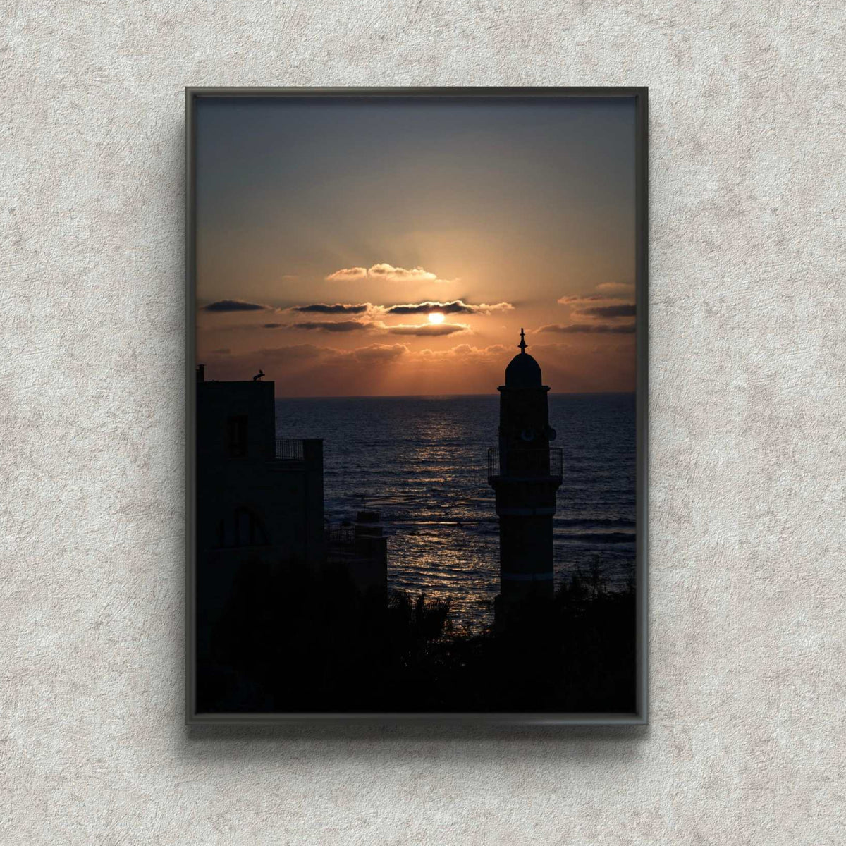 Jaffa at Dusk framed photograph by Shye Klein displayed on a wall
