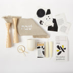 Signature Shabbat Box with Natural Linen challah cover, Ash candlesticks, Kiddush cup, candles and Shabbat guidebook by Oneg