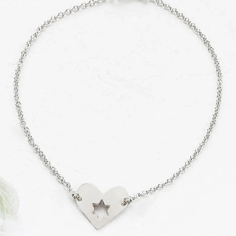 Silver Israel at Heart Bracelet with heart pendant and cutout Star of David