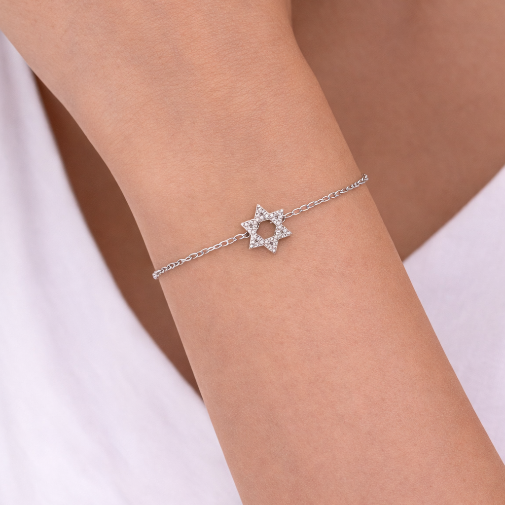 Cubic zirconia Star of David bracelet worn on the wrist