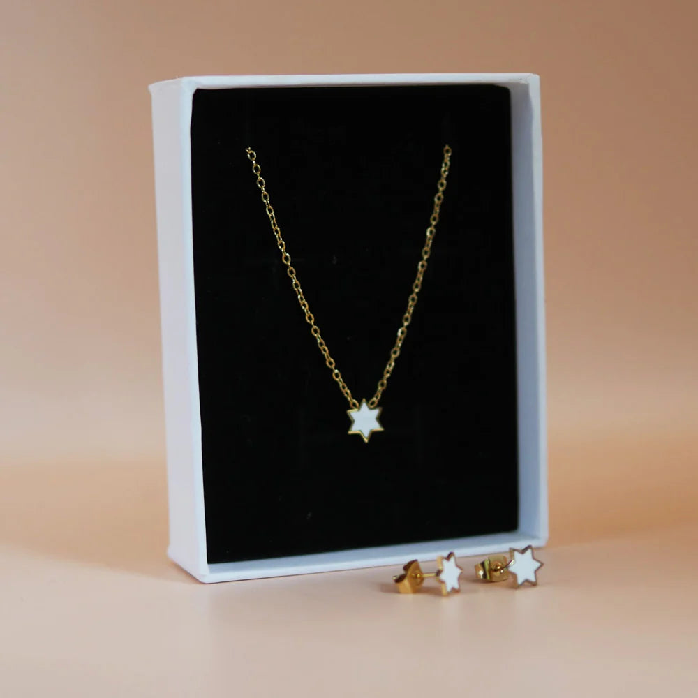 White enamel Star of David necklace and earrings set by Mamaleh Jewelry