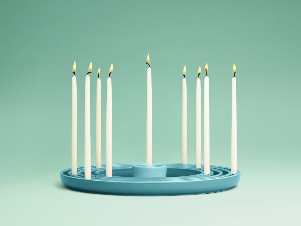 Emerald Stoneware Ripple Menorah with candles by Tchotchke