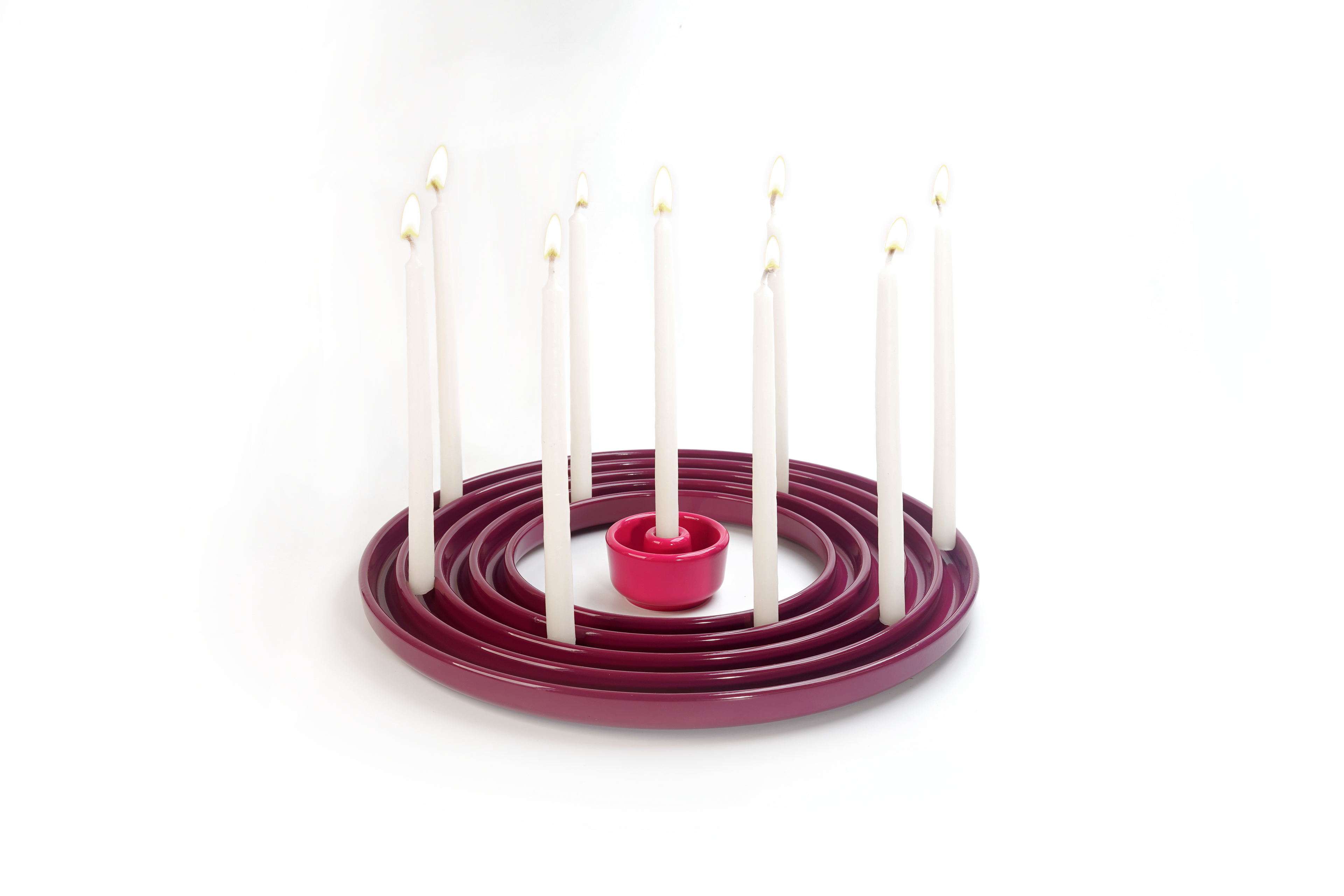 Stoneware Ripple Menorah in Plum with candles by Tchotchke
