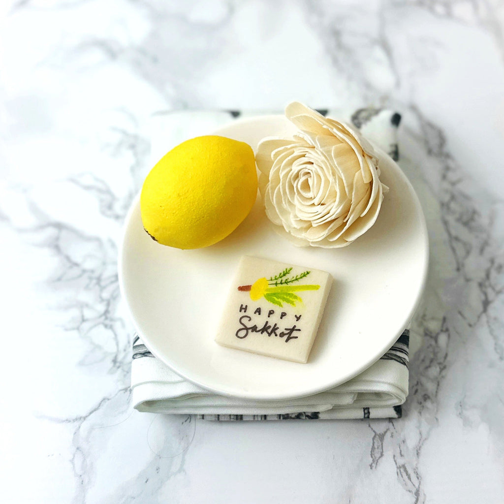 Sukkot marzipan place card displayed at a holiday table setting by Marzipops