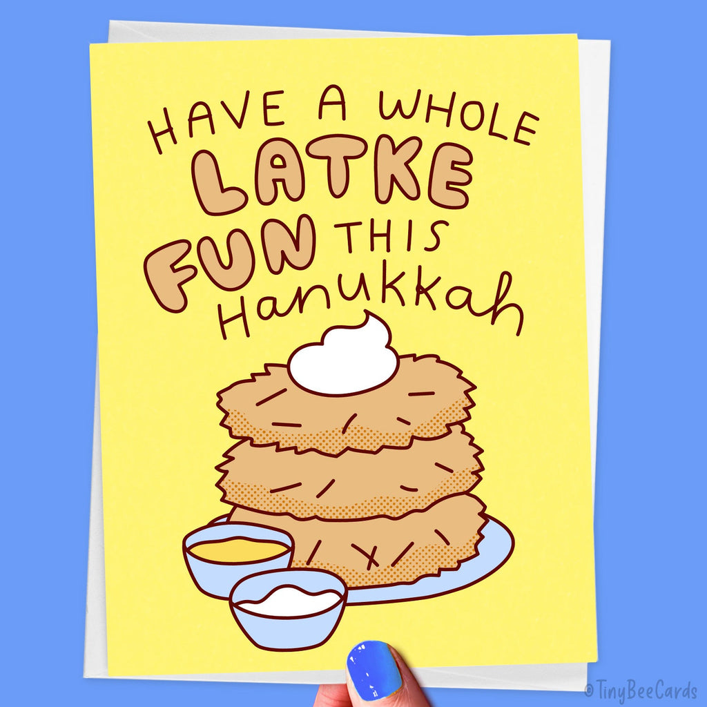 Hanukkah latke greeting card by Tiny Bee Cards with Have a Whole Latke Fun This Hanukkah message