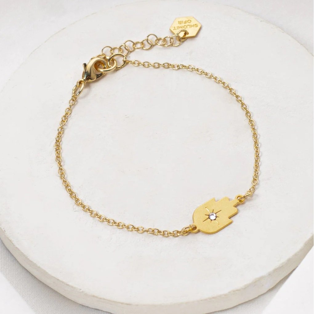 Gold-plated Tiny Hamsa Bracelet with zircon stone by Shlomit Ofir