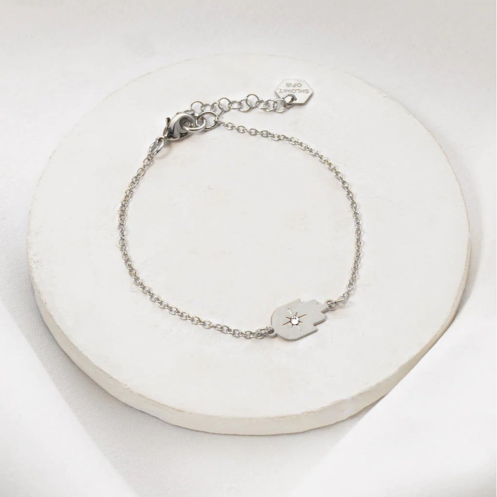 Silver-plated Tiny Hamsa Bracelet with zircon stone by Shlomit Ofir