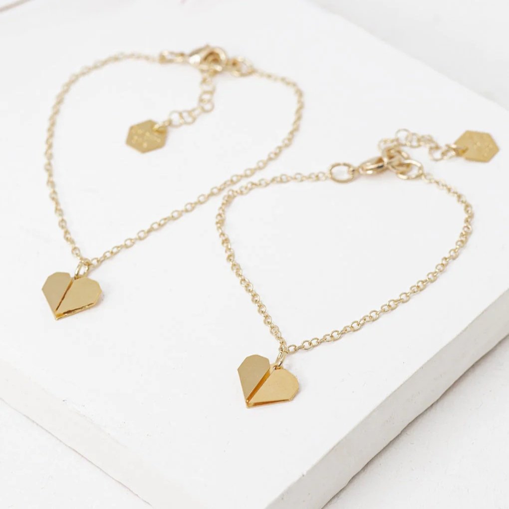 Adult and Child Tiny Origami Heart Necklaces in gold by Shlomit Ofir