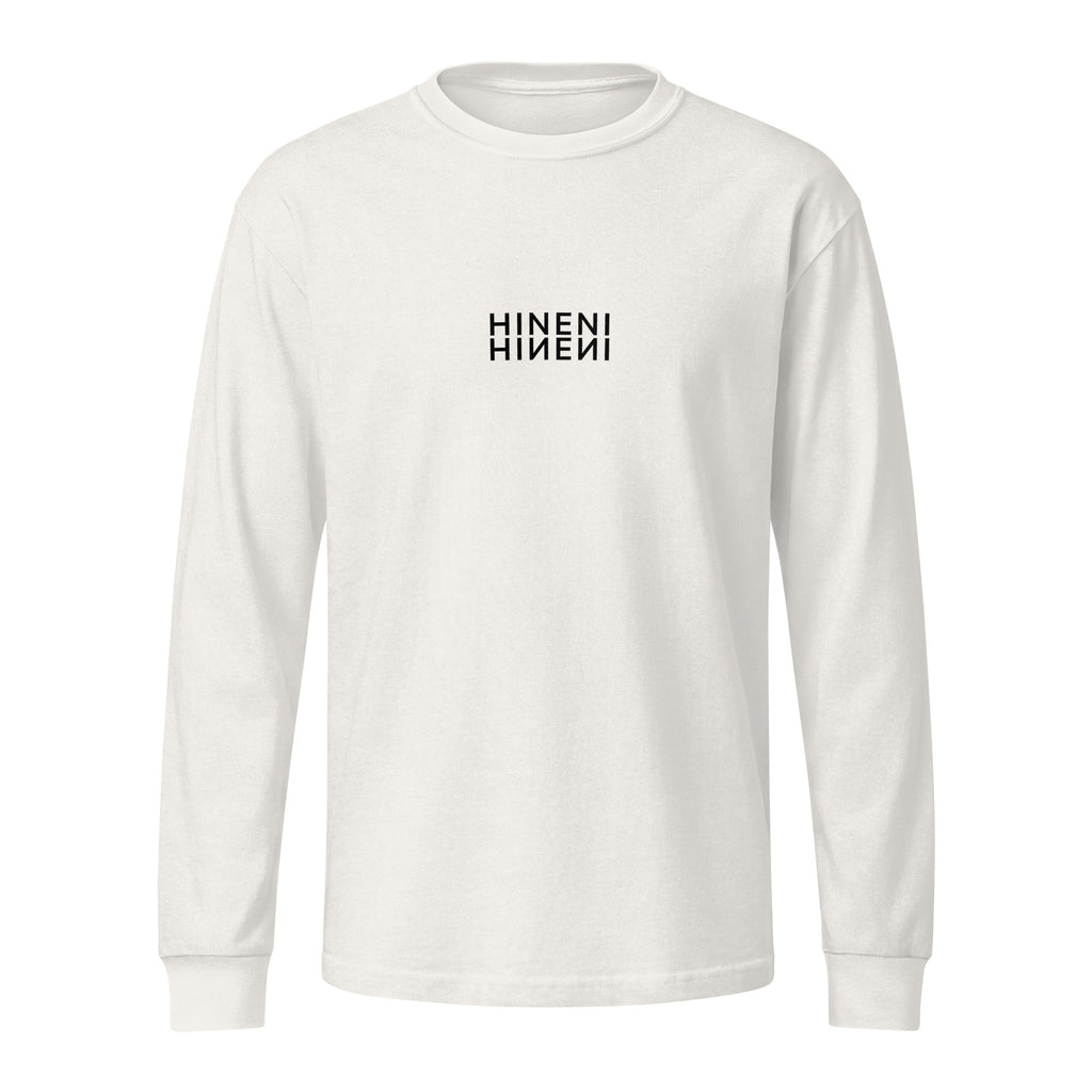 Front product mockup of Vintage White Hineni Reflection garment-dyed heavyweight long-sleeve tee featuring mirrored Hineni artwork