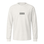Front product mockup of Vintage White Hineni Reflection garment-dyed heavyweight long-sleeve tee featuring mirrored Hineni artwork