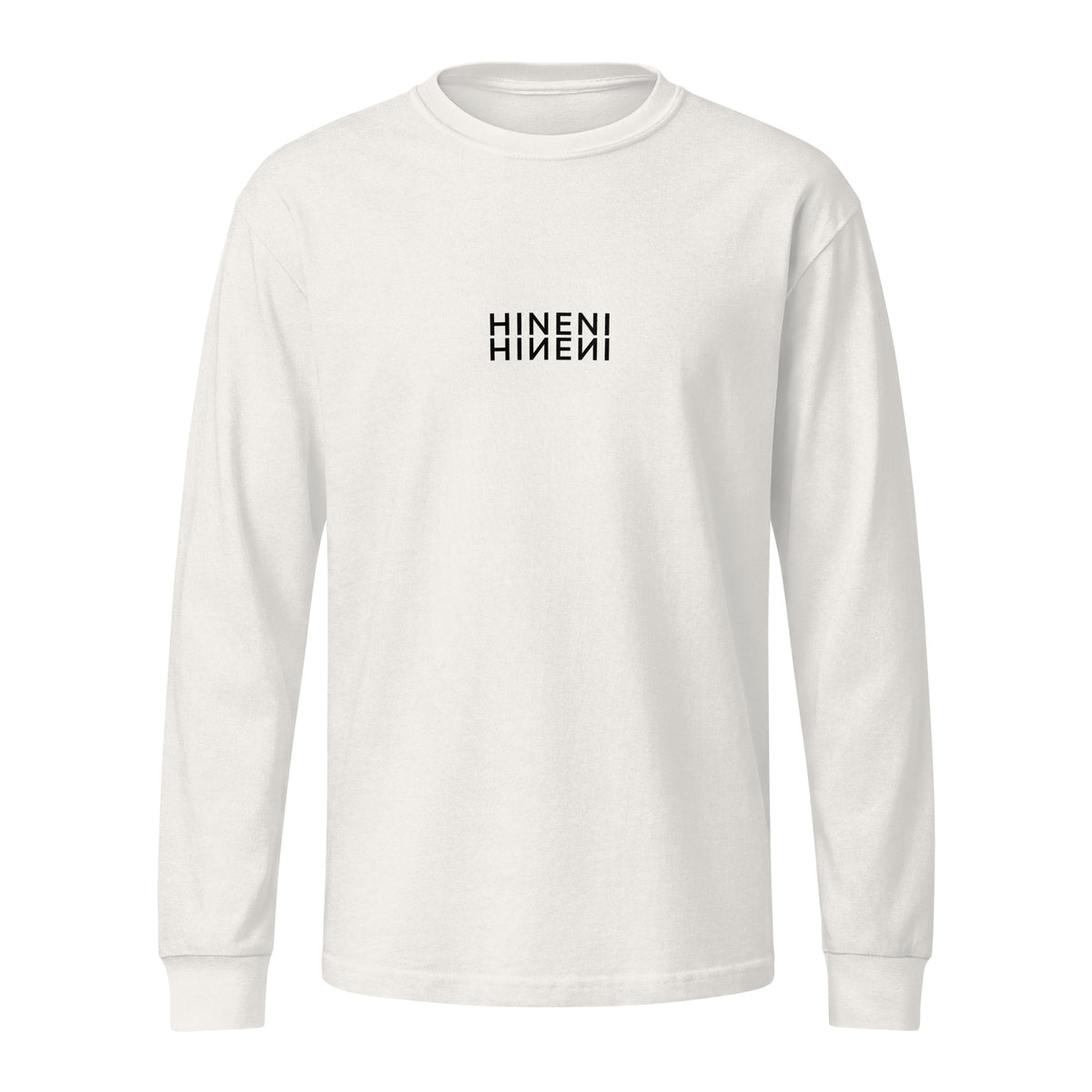 Front product mockup of Vintage White Hineni Reflection garment-dyed heavyweight long-sleeve tee featuring mirrored Hineni artwork