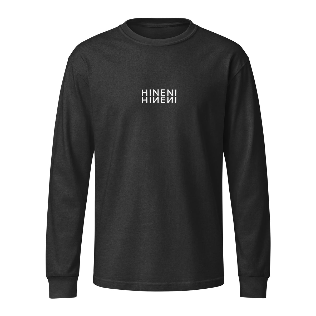 Front product mockup of Washed Black Hineni Reflection garment-dyed heavyweight long-sleeve tee featuring mirrored Hineni artwork