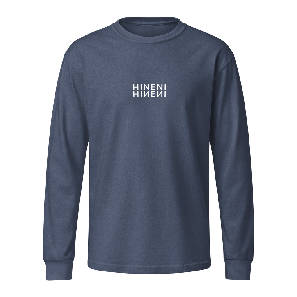 Front product mockup of Washed Navy Hineni Reflection garment-dyed heavyweight long-sleeve tee featuring mirrored Hineni artwork