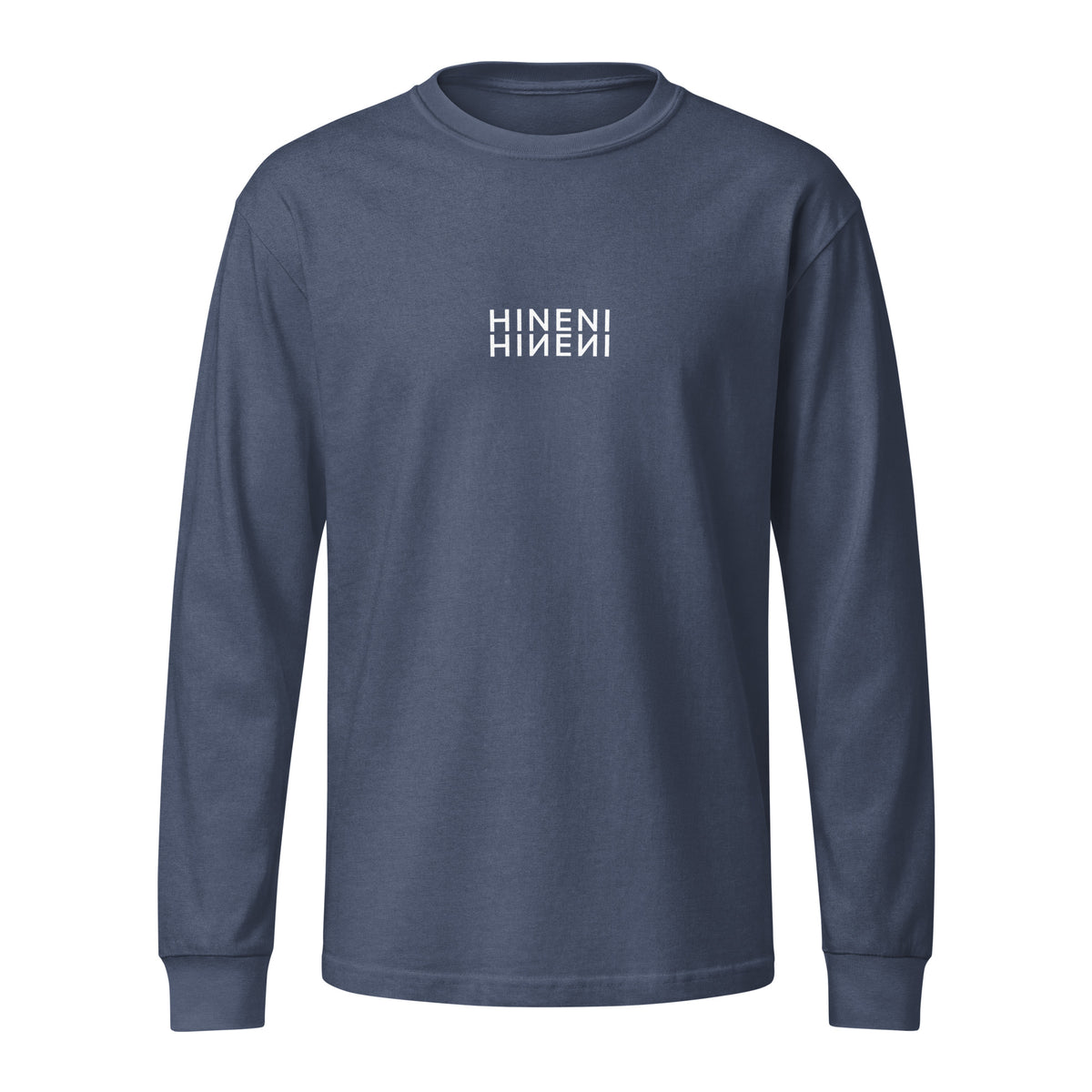 Front product mockup of Washed Navy Hineni Reflection garment-dyed heavyweight long-sleeve tee featuring mirrored Hineni artwork