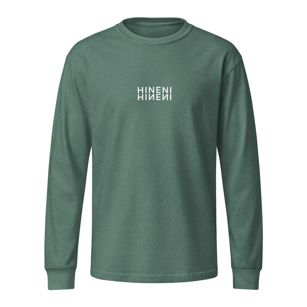 Front product mockup of Washed Pine Hineni Reflection garment-dyed heavyweight long-sleeve tee featuring mirrored Hineni artwork