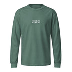 Front product mockup of Washed Pine Hineni Reflection garment-dyed heavyweight long-sleeve tee featuring mirrored Hineni artwork
