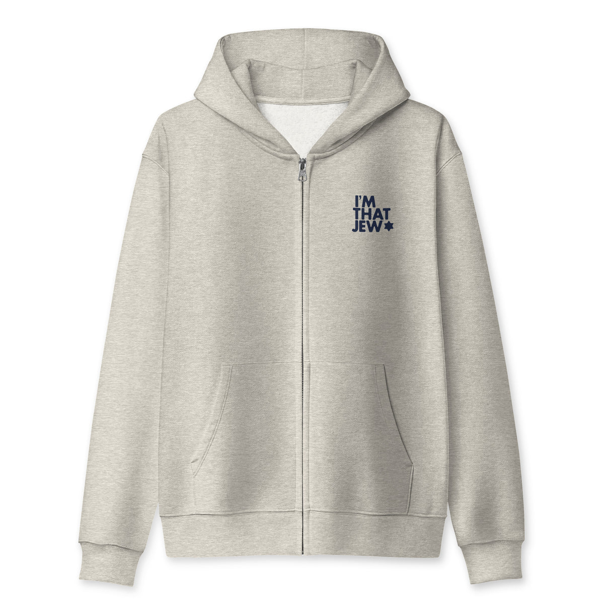 Front view of Vintage Heather Grey I'm That Jew® heavyweight full-zip hoodie by Eitan Chitayat
