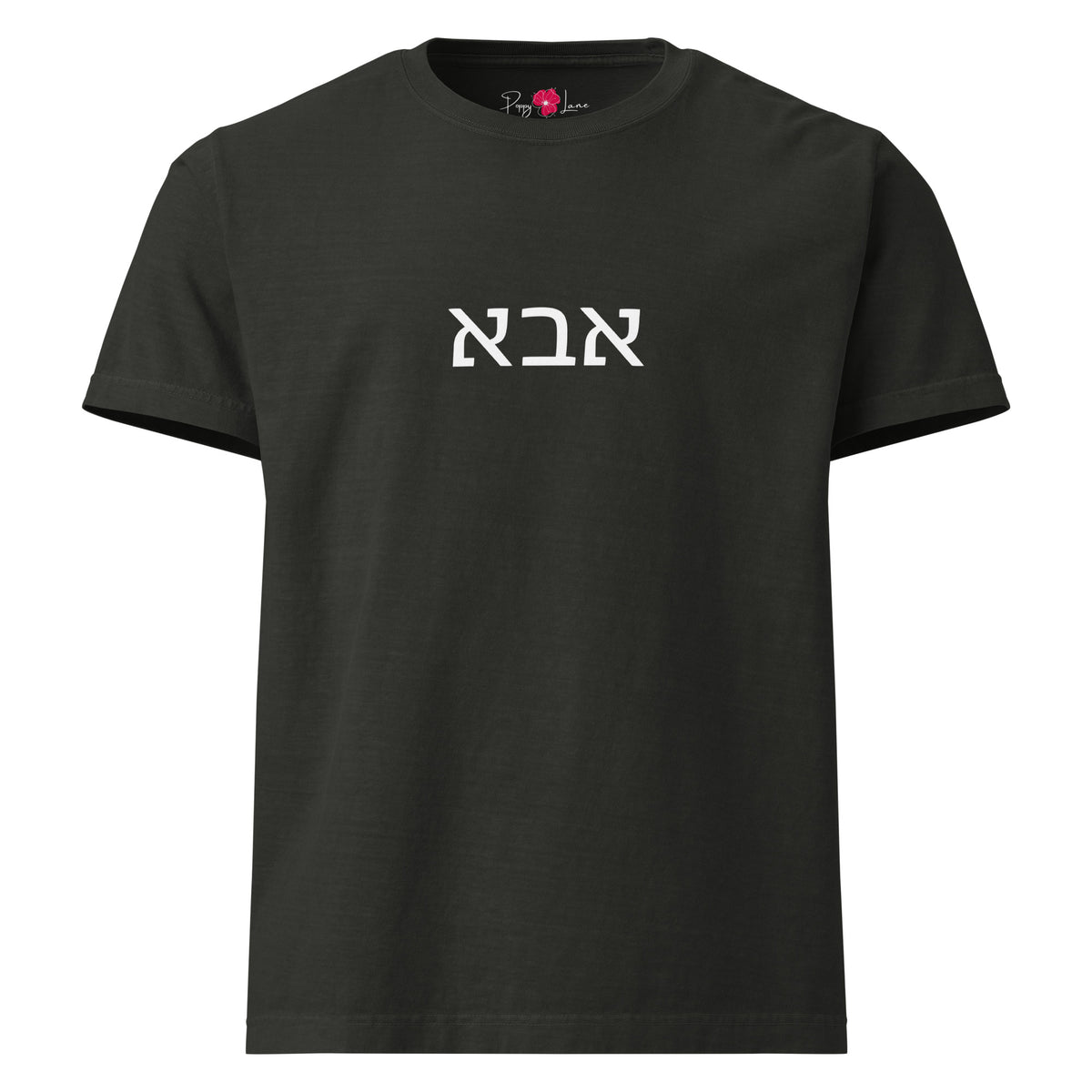 Abba (אבא) unisex heavyweight tee in washed black with white Hebrew lettering