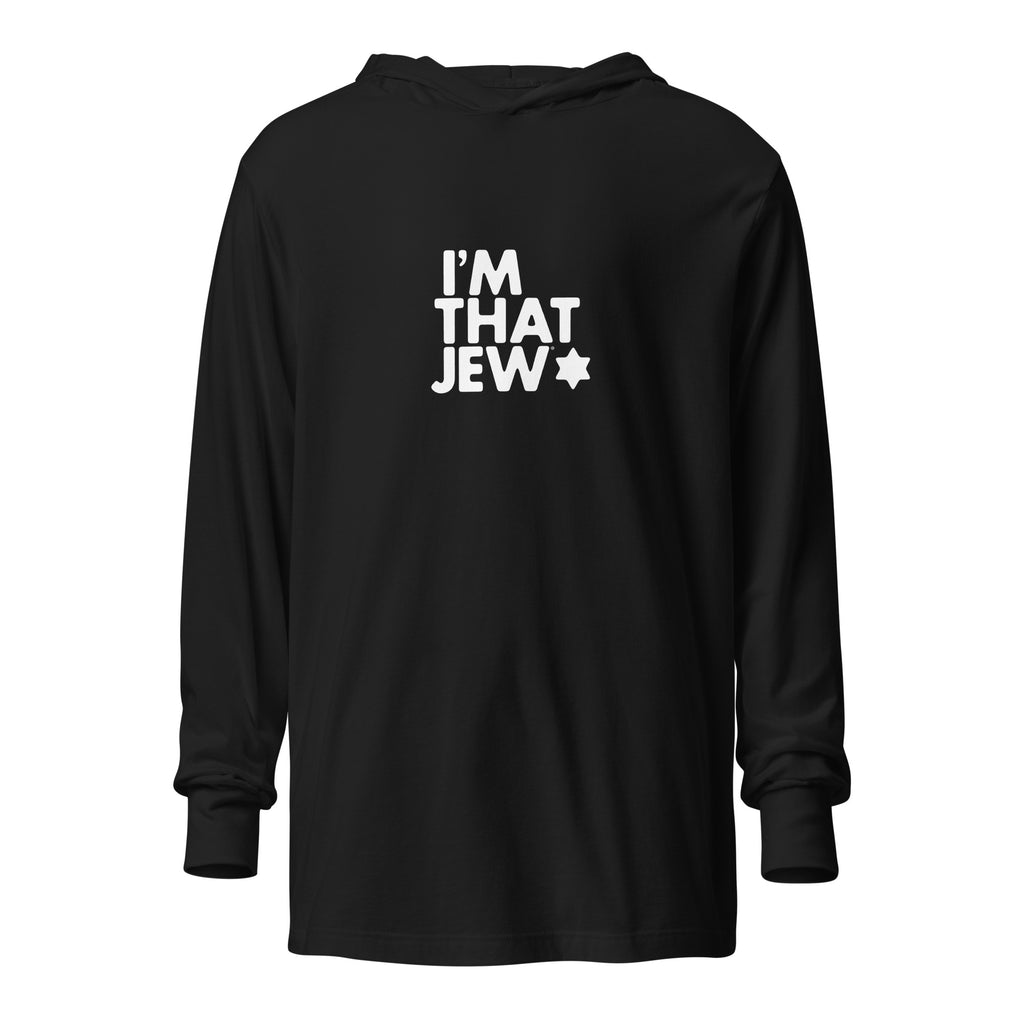Front view of Black I'm That Jew® Lightweight Hooded Tee by Eitan Chitayat, with a soft long-sleeve hooded T-shirt silhouette