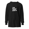 Front view of Black I'm That Jew® Lightweight Hooded Tee by Eitan Chitayat, with a soft long-sleeve hooded T-shirt silhouette