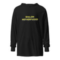 Front view of Black Shalom Motherfucker Lightweight Hooded Tee by Eitan Chitayat, a soft hooded long-sleeve shirt
