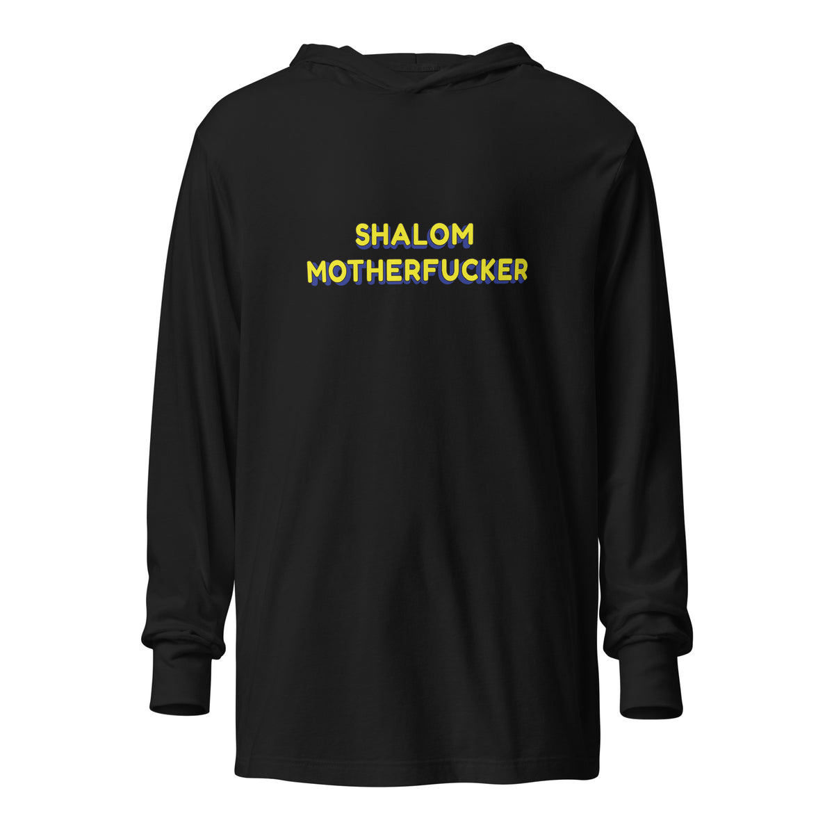 Front view of Black Shalom Motherfucker Lightweight Hooded Tee by Eitan Chitayat, a soft hooded long-sleeve shirt
