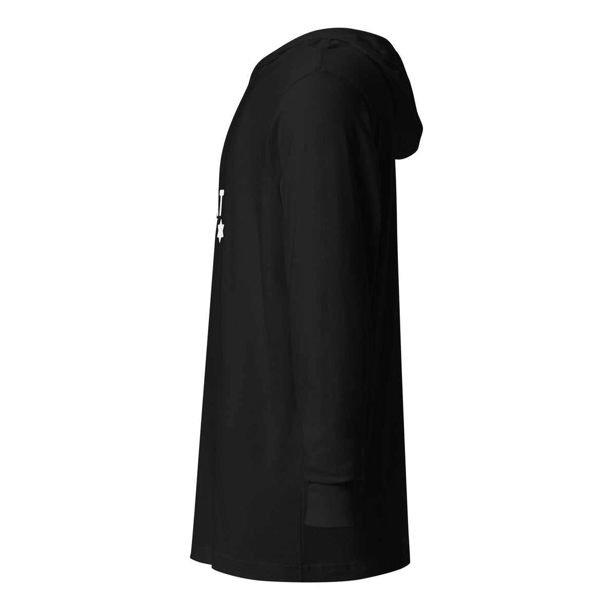 Left-side view of Black I'm That Jew® Lightweight Hooded Tee by Eitan Chitayat, with a soft long-sleeve hooded T-shirt silhouette