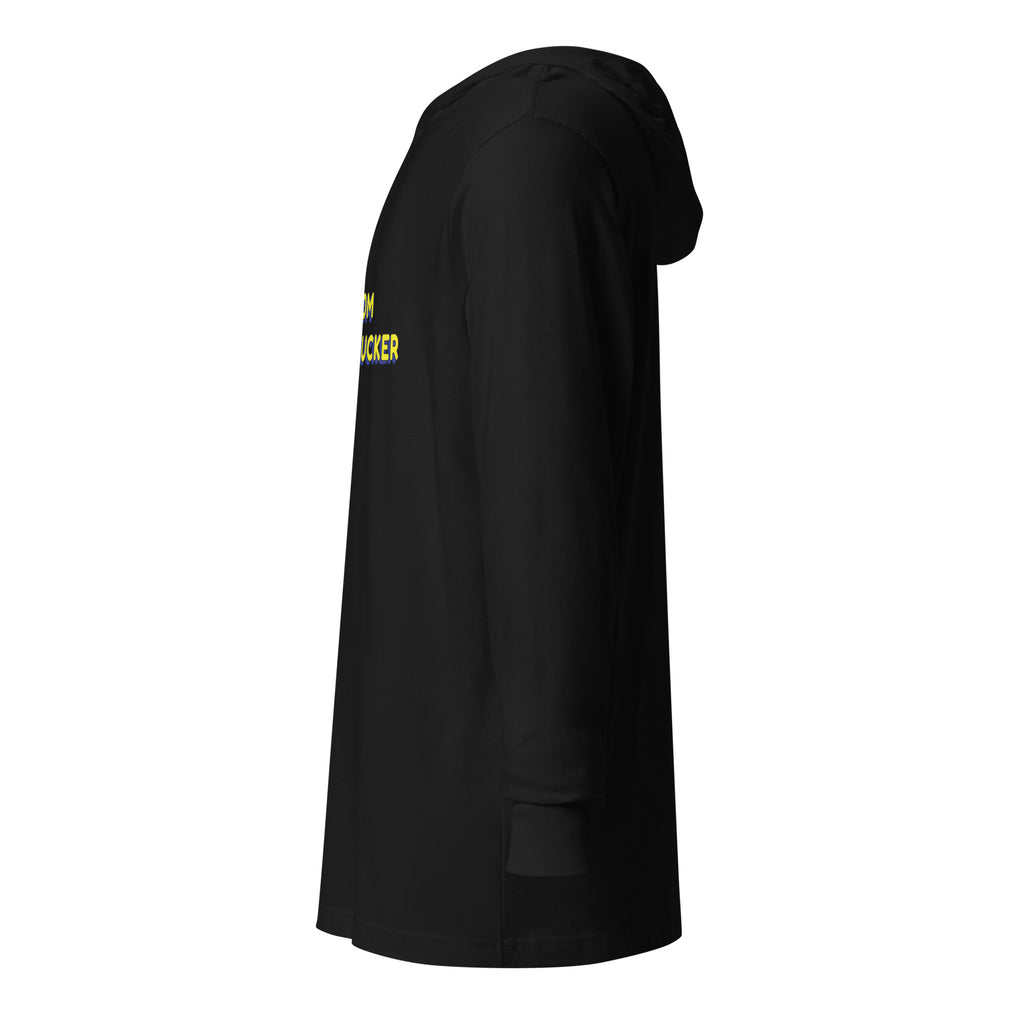 Left-side view of Black Shalom Motherfucker Lightweight Hooded Tee by Eitan Chitayat, a soft hooded long-sleeve shirt