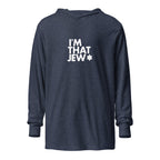 Front view of Heather Navy I'm That Jew® Lightweight Hooded Tee by Eitan Chitayat, with a soft long-sleeve hooded T-shirt silhouette