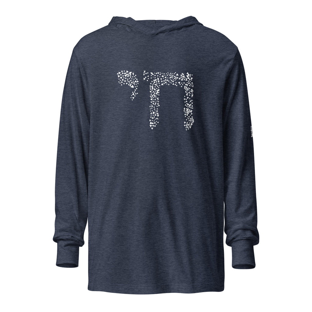 Front view of Heather Navy Chai Lightweight Hooded Tee by Eitan Chitayat for I'm That Jew®, featuring Hebrew חי design